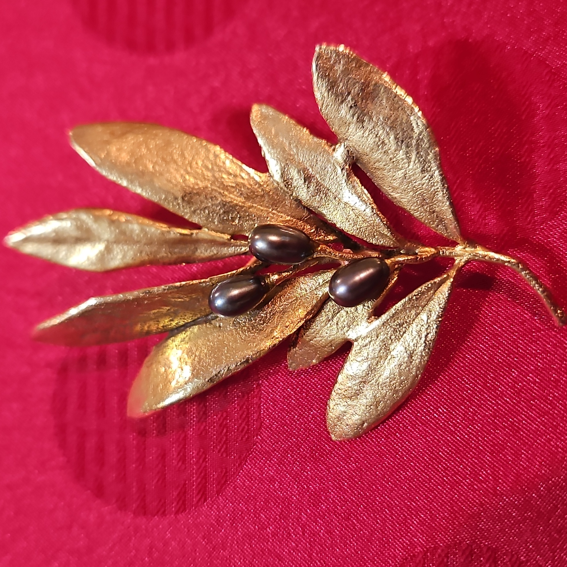 Vintage Olive Leaf Brooch With Real Pearls Signed By Mma